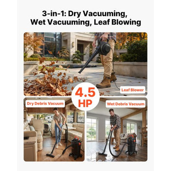 3-in-1 Shop Vac, 11 Gallon Wet Dry Shop Vacuum, 4.5 Peak HP Portable Vacuum Cleaner with Blower, Dual-Filter, 1350W Input Power, 1.25in x 7ft Hose, 9.8ft Cord for Jobsite, Workshop, Garage, Home