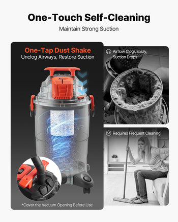 Shop Vac, 8 Gallon Wet Dry Shop Vacuum, 4.5 Peak HP Portable with One-Button Self-Cleaning, Dual-Filter, 900W Input Power, 1.25in x 7ft Hose, 9.8ft Cord for Jobsite, Workshop, Garage, Home