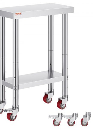Stainless Steel Work Table 12 x 24 x 34 Inch, 700 LBS Load Capacity with 4 Wheels, 3 Adjustable Height Levels, Heavy Duty Food Prep Worktable for Commercial Kitchen Restaurant, Silver