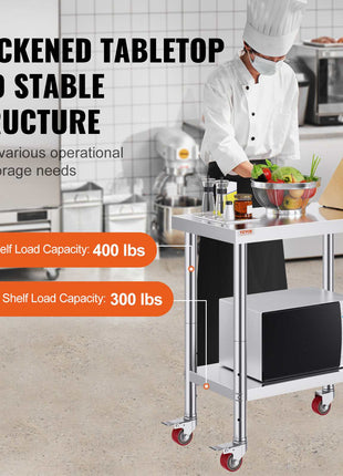 Stainless Steel Work Table 30 x 24 x 33 Inch, 700 LBS Load Capacity with 4 Wheels, 3 Adjustable Height Levels, Heavy Duty Food Prep Worktable for Commercial Kitchen Restaurant, Silver