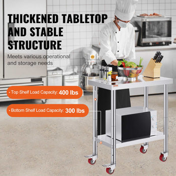 Stainless Steel Work Table 30 x 24 x 33 Inch, 700 LBS Load Capacity with 4 Wheels, 3 Adjustable Height Levels, Heavy Duty Food Prep Worktable for Commercial Kitchen Restaurant, Silver