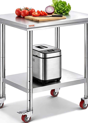 Stainless Steel Work Table 30 x 24 x 33 Inch, 700 LBS Load Capacity with 4 Wheels, 3 Adjustable Height Levels, Heavy Duty Food Prep Worktable for Commercial Kitchen Restaurant, Silver