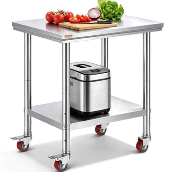 Stainless Steel Work Table 30 x 24 x 33 Inch, 700 LBS Load Capacity with 4 Wheels, 3 Adjustable Height Levels, Heavy Duty Food Prep Worktable for Commercial Kitchen Restaurant, Silver