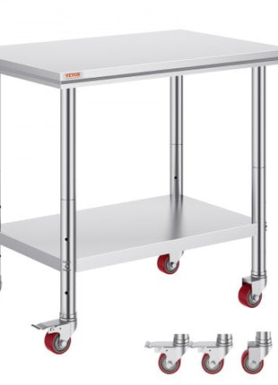 Stainless Steel Work Table 35 x 24 x 33 Inch, 700 LBS Load Capacity with 4 Wheels, 3 Adjustable Height Levels, Heavy Duty Food Prep Worktable for Commercial Kitchen Restaurant, Silver