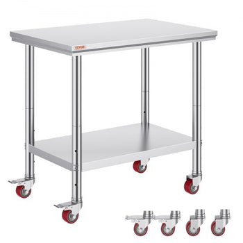Stainless Steel Work Table 35 x 24 x 33 Inch, 700 LBS Load Capacity with 4 Wheels, 3 Adjustable Height Levels, Heavy Duty Food Prep Worktable for Commercial Kitchen Restaurant, Silver