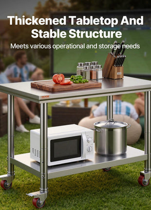 Stainless Steel Work Table 35 x 24 x 33 Inch, 300 LBS Load Capacity with 4 Wheels, 3 Adjustable Height Levels, Heavy Duty Food Prep Worktable for Commercial Kitchen Restaurant, Silver