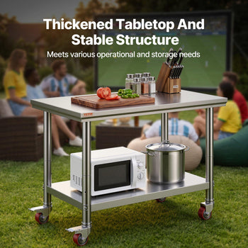 Stainless Steel Work Table 35 x 24 x 33 Inch, 300 LBS Load Capacity with 4 Wheels, 3 Adjustable Height Levels, Heavy Duty Food Prep Worktable for Commercial Kitchen Restaurant, Silver