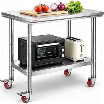 Stainless Steel Work Table 35 x 24 x 33 Inch, 300 LBS Load Capacity with 4 Wheels, 3 Adjustable Height Levels, Heavy Duty Food Prep Worktable for Commercial Kitchen Restaurant, Silver