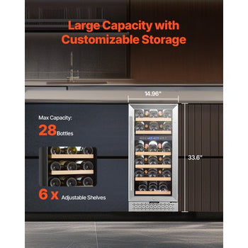 Wine Cooler, 28 Bottle Dual Zone Wine Fridge, Mini Wine Cooler Refrigerator with Glass Door, Adjustable Shelves, Digital Temperature Control, Built-in & Freestanding Fridge for Home Office Bar