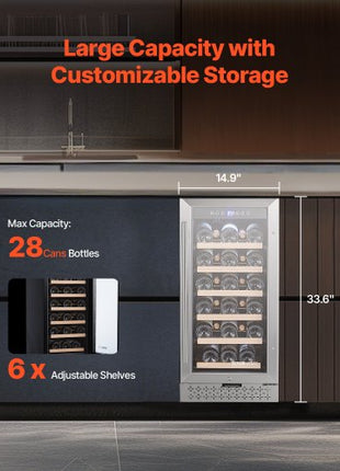 Wine Cooler, 28 Bottle Wine Fridge, Mini Wine Cooler Refrigerator with Glass Door, Adjustable Shelves, Digital Temperature Control, Built-in & Freestanding Cooler Fridge for Home, Office, Bar