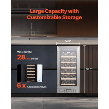 Wine Cooler, 28 Bottle Wine Fridge, Mini Wine Cooler Refrigerator with Glass Door, Adjustable Shelves, Digital Temperature Control, Built-in & Freestanding Cooler Fridge for Home, Office, Bar