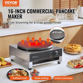 Electric Crepe Maker, 16-Inch Commercial Crepe Machine, 1700W Flat Plate Crepe Griddle, Nonstick Stainless Steel Pancake Making Machine, Desktop Circular Cereals Pancake Stove with Temp Control
