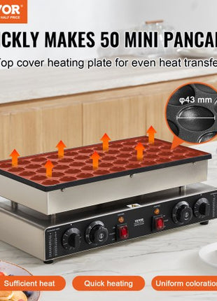 Mini Dutch Pancake Maker, 50PCS 43mm Diameter Dorayaki Baker Machine, 1700W Commercial Electric Poffertjes Grill, Non-stick Stainless Steel, Dual Temp & Time Control, for Home Kitchen Restaurant