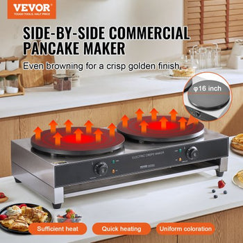 Electric Crepe Maker, 16-Inch Double Head Commercial Crepe Machine, 3400W Flat Plate Crepe Griddle, Nonstick Stainless Steel Pancake Making, Desktop Circular Cereals Pancake Stove, AC120V 60Hz