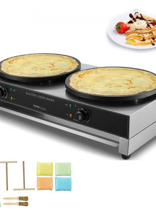 Electric Crepe Maker, 16-Inch Double Head Commercial Crepe Machine, 3400W Flat Plate Crepe Griddle, Nonstick Stainless Steel Pancake Making, Desktop Circular Cereals Pancake Stove, AC120V 60Hz