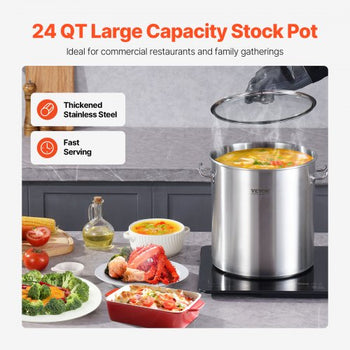 Stainless Steel Stockpot, 24 Quart Cooking Pots, Cookware Sauce Pot with Lid, and Handle, Heavy Duty Commercial Grade Stock Pot, Sanding Treatment, for Steaming Boiling or Frying Silver