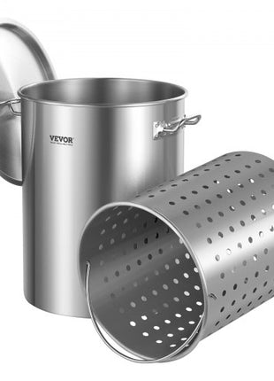 Stainless Steel Stockpot, 36 Quart Cooking Pots, Cookware Sauce Pot with Basket, Lid, and Handle, Heavy Duty Commercial Grade Stock Pot, Sanding Treatment, for Steaming Boiling or Frying Silver