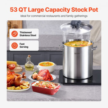 Stainless Steel Stockpot, 53 Quart Large Cooking Pots, Cookware Sauce Pot with Lid, and Handle, Heavy Duty Commercial Grade Stock Pot, Sanding Treatment, for Large Groups Events Silver