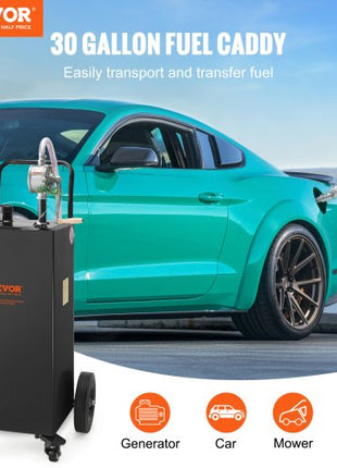 30 Gallon Fuel Caddy, Gas Storage Tank & 4 Wheels, with Manuel Transfer Pump, Gasoline Diesel Fuel Container for Cars, Lawn Mowers, ATVs, Boats, More, Black