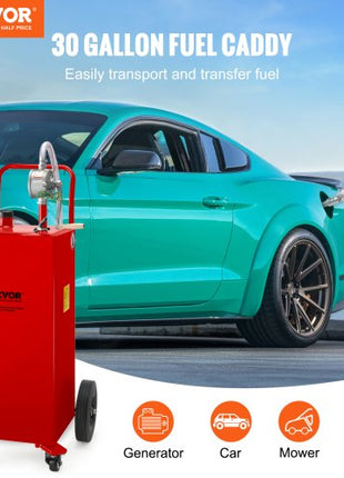 30 Gallon Fuel Caddy, Gas Storage Tank & 4 Wheels, with Manuel Transfer Pump, Gasoline Diesel Fuel Container for Cars, Lawn Mowers, ATVs, Boats, More, Red
