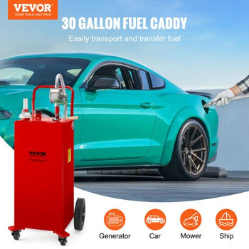 30 Gallon Fuel Caddy, Gas Storage Tank & 4 Wheels, with Manuel Transfer Pump, Gasoline Diesel Fuel Container for Cars, Lawn Mowers, ATVs, Boats, More, Red