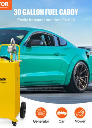 30 Gallon Fuel Caddy, Gas Storage Tank & 4 Wheels, with Manuel Transfer Pump, Gasoline Diesel Fuel Container for Cars, Lawn Mowers, ATVs, Boats, More, Yellow