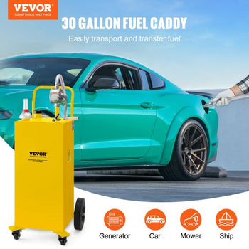 30 Gallon Fuel Caddy, Gas Storage Tank & 4 Wheels, with Manuel Transfer Pump, Gasoline Diesel Fuel Container for Cars, Lawn Mowers, ATVs, Boats, More, Yellow
