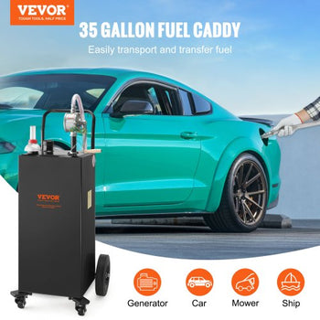 Fuel Caddy, 35 Gallon, Gas Storage Tank on 4 Wheels, with Manual Transfer Pump, Gasoline Diesel Fuel Container for Cars, Lawn Mowers, ATVs, Boats, More, Black