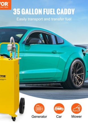 Fuel Caddy, 35 Gallon, Gas Storage Tank on 4 Wheels, with Manuel Transfer Pump, Gasoline Diesel Fuel Container for Cars, Lawn Mowers, ATVs, Boats, More, Yellow