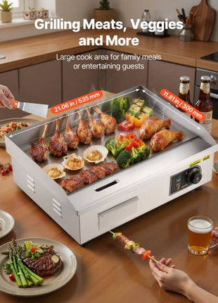 Commercial Electric Griddle, 21 x 11.8 inch, 1750W, 122-570°F Adjustable Temp Control, Stainless Steel Countertop Flat Top Grill with 2 Spatulas, 2 Brushes and 4 Foot Pads, for Steak, Pancake