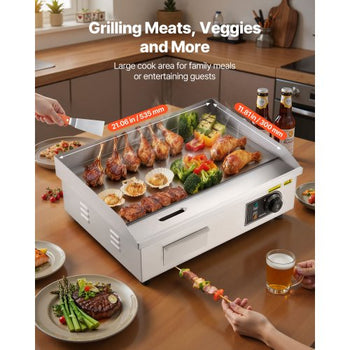 Commercial Electric Griddle, 21 x 11.8 inch, 1750W, 122-570°F Adjustable Temp Control, Stainless Steel Countertop Flat Top Grill with 2 Spatulas, 2 Brushes and 4 Foot Pads, for Steak, Pancake