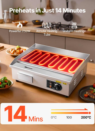 Commercial Electric Griddle, 1750W, 122-570°F Adjustable Temp Control, with 2 Spatulas, 2 Brushes and 4 Foot Pads, for Steak, Pancake
