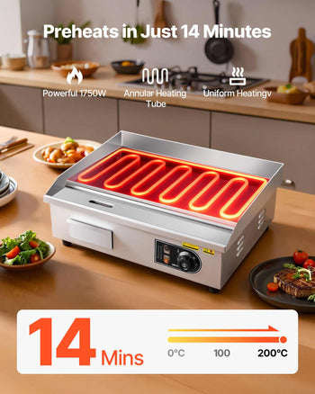 Commercial Electric Griddle, 1750W, 122-570°F Adjustable Temp Control, with 2 Spatulas, 2 Brushes and 4 Foot Pads, for Steak, Pancake