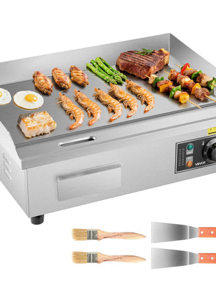Commercial Electric Griddle, 1750W, 122-570°F Adjustable Temp Control, with 2 Spatulas, 2 Brushes and 4 Foot Pads, for Steak, Pancake