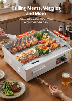 Commercial Electric Griddle, 21.06 x 11.81 inch, 1750W, 122-570°F Adjustable Temp Control, Stainless Steel Body, Half Grooved Half Flat, with 2 Spatulas, 2 Brushes, and 4 Foot Pads, for Steak