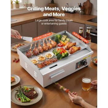 Commercial Electric Griddle, 21.06 x 11.81 inch, 1750W, 122-570°F Adjustable Temp Control, Stainless Steel Body, Half Grooved Half Flat, with 2 Spatulas, 2 Brushes, and 4 Foot Pads, for Steak
