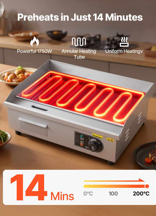 Commercial Electric Griddle, 21.06 x 11.81 inch, 1750W, 122-570°F Adjustable Temp Control, Stainless Steel Body, Half Grooved Half Flat, with 2 Spatulas, 2 Brushes, and 4 Foot Pads, for Steak
