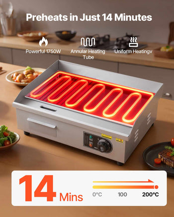 Commercial Electric Griddle, 21.06 x 11.81 inch, 1750W, 122-570°F Adjustable Temp Control, Stainless Steel Body, Half Grooved Half Flat, with 2 Spatulas, 2 Brushes, and 4 Foot Pads, for Steak