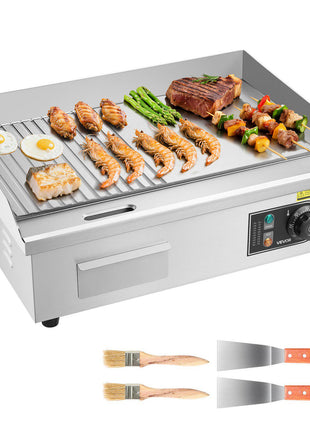 Commercial Electric Griddle, 21.06 x 11.81 inch, 1750W, 122-570°F Adjustable Temp Control, Stainless Steel Body, Half Grooved Half Flat, with 2 Spatulas, 2 Brushes, and 4 Foot Pads, for Steak