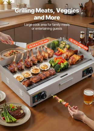 Commercial Electric Griddle, 28.54 x 15.75 in, 2800W, 122-570°F Adjustable Temp Control, Stainless Steel, Half Grooved Half Flat, with 2 Spatulas, 2 Brushes, and 4 Foot Pads, for Steak(NO PLUG)