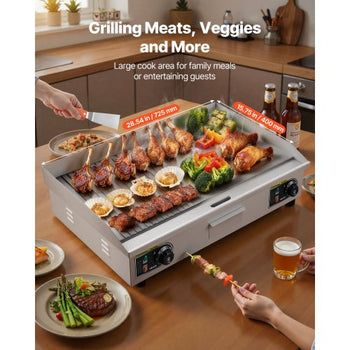 Commercial Electric Griddle, 28.54 x 15.75 in, 2800W, 122-570°F Adjustable Temp Control, Stainless Steel, Half Grooved Half Flat, with 2 Spatulas, 2 Brushes, and 4 Foot Pads, for Steak(NO PLUG)