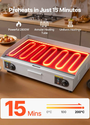 Commercial Electric Griddle, 28.54 x 15.75 in, 2800W, 122-570°F Adjustable Temp Control, Stainless Steel, Half Grooved Half Flat, with 2 Spatulas, 2 Brushes, and 4 Foot Pads, for Steak(NO PLUG)
