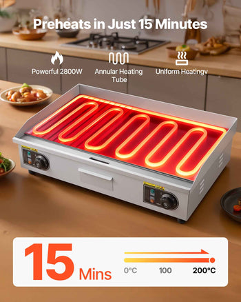 Commercial Electric Griddle, 28.54 x 15.75 in, 2800W, 122-570°F Adjustable Temp Control, Stainless Steel, Half Grooved Half Flat, with 2 Spatulas, 2 Brushes, and 4 Foot Pads, for Steak(NO PLUG)
