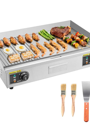Commercial Electric Griddle, 28.54 x 15.75 in, 2800W, 122-570°F Adjustable Temp Control, Stainless Steel, Half Grooved Half Flat, with 2 Spatulas, 2 Brushes, and 4 Foot Pads, for Steak(NO PLUG)