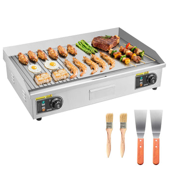 Commercial Electric Griddle, 28.54 x 15.75 in, 2800W, 122-570°F Adjustable Temp Control, Stainless Steel, Half Grooved Half Flat, with 2 Spatulas, 2 Brushes, and 4 Foot Pads, for Steak(NO PLUG)