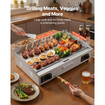 Commercial Electric Griddle, 28.54 x 15.75 inches, 4400W, 122-570°F Adjustable Temp Control, Stainless Steel Body, Half Grooved Half Flat, with 2 Spatulas, 2 Brushes, and 4 Foot Pads, for Steak