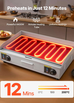 Commercial Electric Griddle, 28.54 x 15.75 inches, 4400W, 122-570°F Adjustable Temp Control, Stainless Steel Body, Half Grooved Half Flat, with 2 Spatulas, 2 Brushes, and 4 Foot Pads, for Steak (NO PLUG)