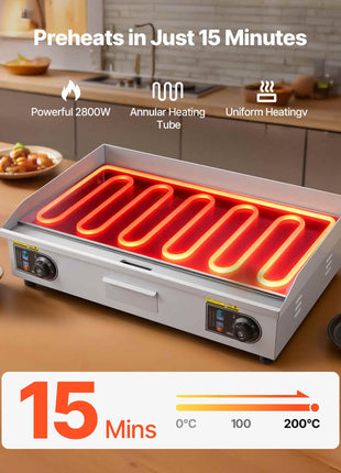 Commercial Electric Griddle, 28.54 x 15.75 in, 2800W, 122-570°F Adjustable Temp Control, with 2 Spatulas, 2 Brushes, and 4 Foot Pads, for Steak (NO PLUG)