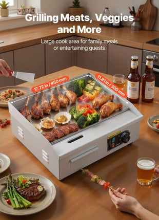 Commercial Electric Griddle, 17.72 x 11.81 inch, 1750W, 122-570°F Adjustable Temp Control, Stainless Steel Countertop Flat Top Grill with 2 Spatulas, 2 Brushes, and 4 Foot Pads, for Steak