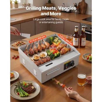 Commercial Electric Griddle, 17.72 x 11.81 inch, 1750W, 122-570°F Adjustable Temp Control, Stainless Steel Countertop Flat Top Grill with 2 Spatulas, 2 Brushes, and 4 Foot Pads, for Steak